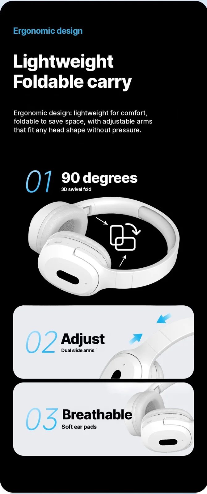 Casque Bluetooth sans fil supra-auriculaire Type-C musique stéréo