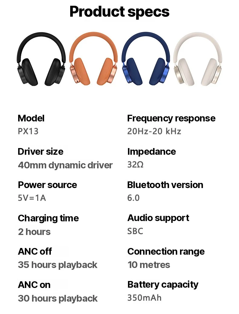 Cuffie Wireless Over-Ear con Cancellazione Attiva del Rumore e Batteria da 35H