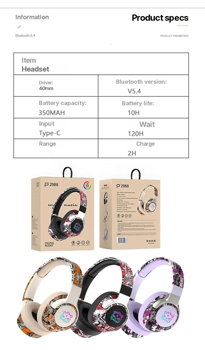 Graffiti Over-Ear Wireless Headphones with FM Radio and Long Battery Life