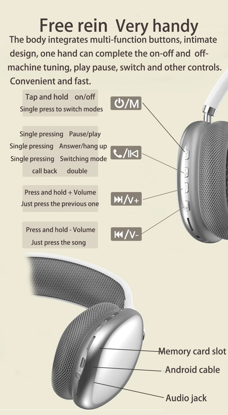 Wireless Bluetooth Over-Ear Headphones with FM Radio and TF Card Slot