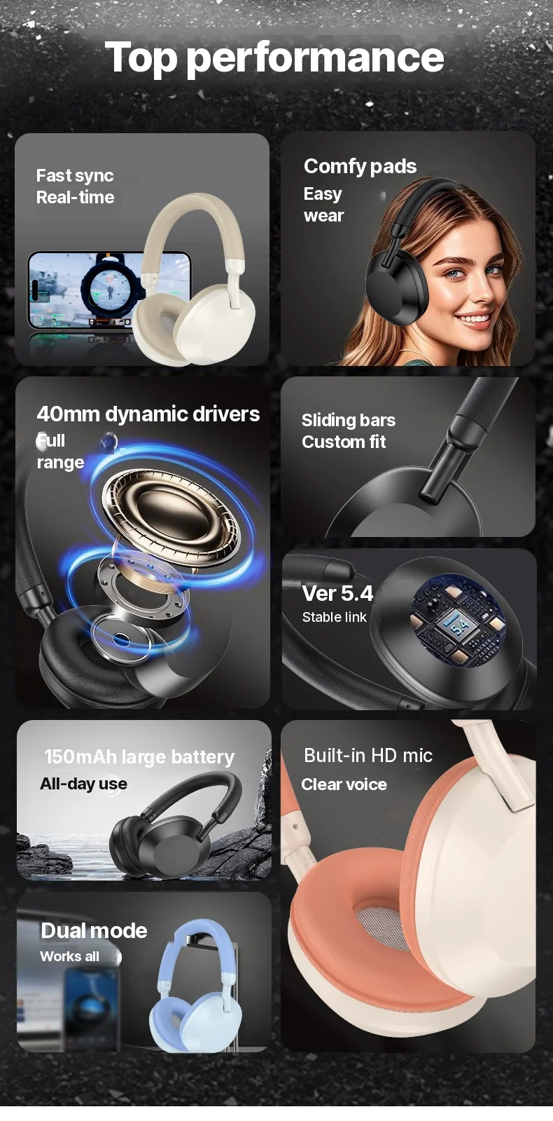 Fon Kepala Over-Ear Tanpa Wayar dengan Radio FM & Bluetooth 5.4