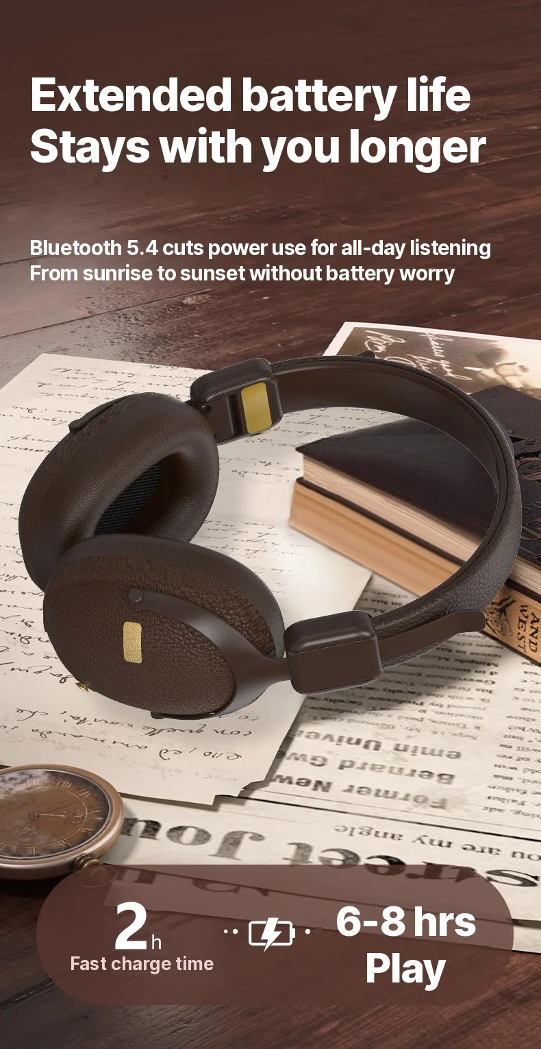 Fon Telinga Over-Ear Tanpa Wayar Retro Dengan Bluetooth 5.4 dan Hayat Bateri Panjang