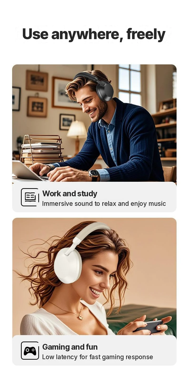 Fon Kepala Over-Ear Tanpa Wayar dengan Radio FM & Bluetooth 5.4
