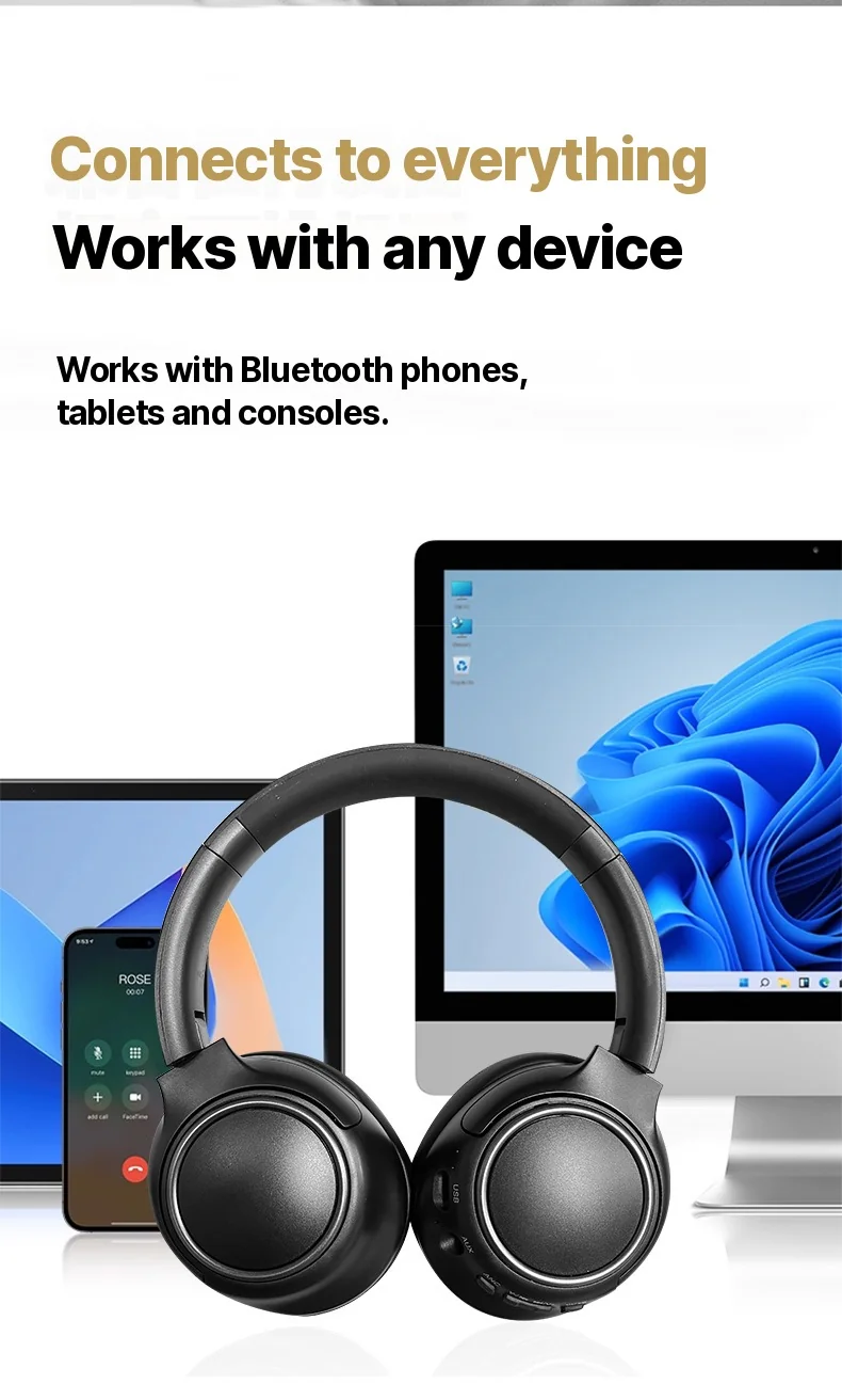 Active Noise Cancelling Wireless Headphones with Mic, 35H Battery