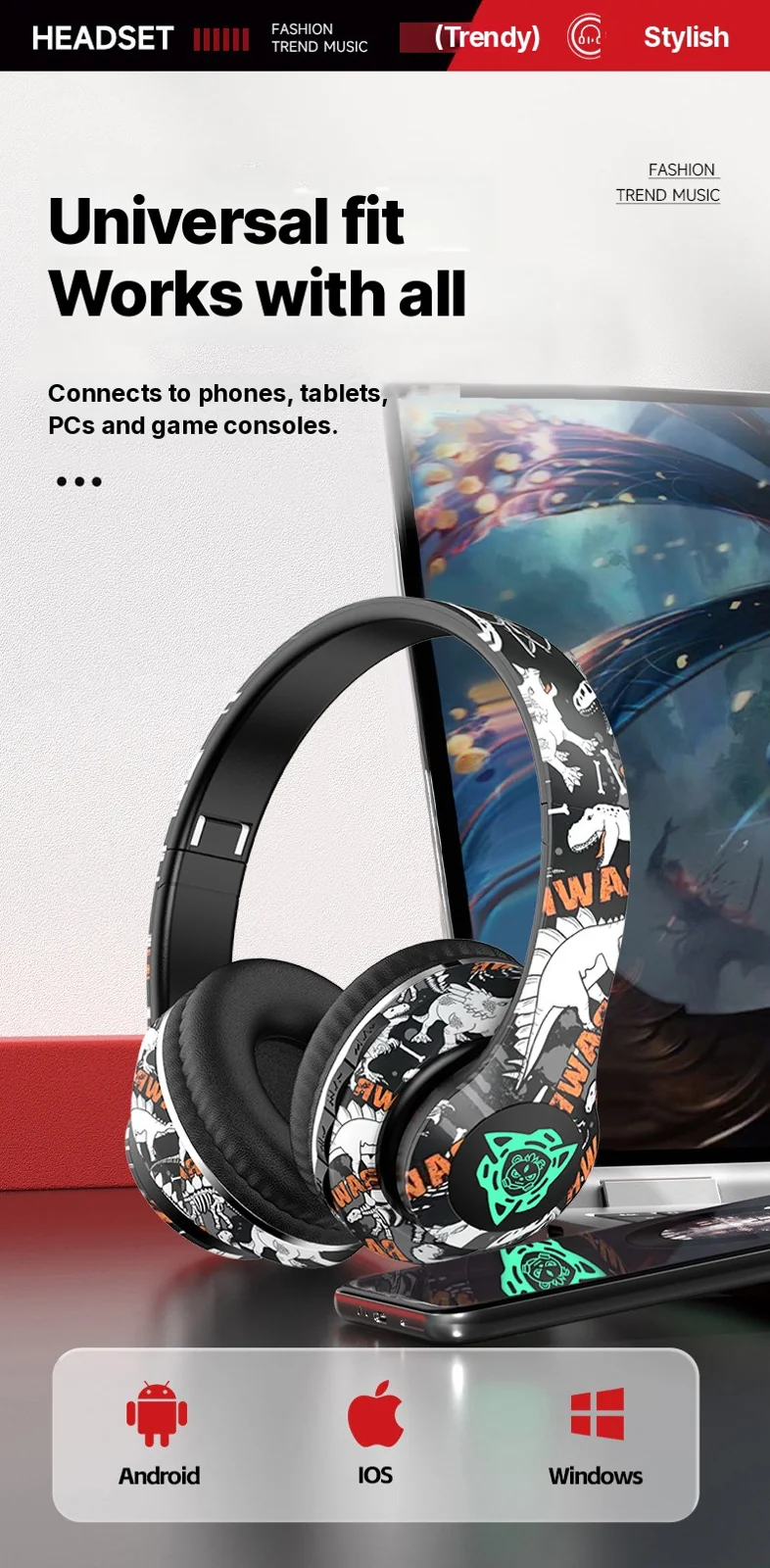 Wireless Bluetooth Over-Ear Headphones with Mic, 40mm Driver, 350mAh Battery