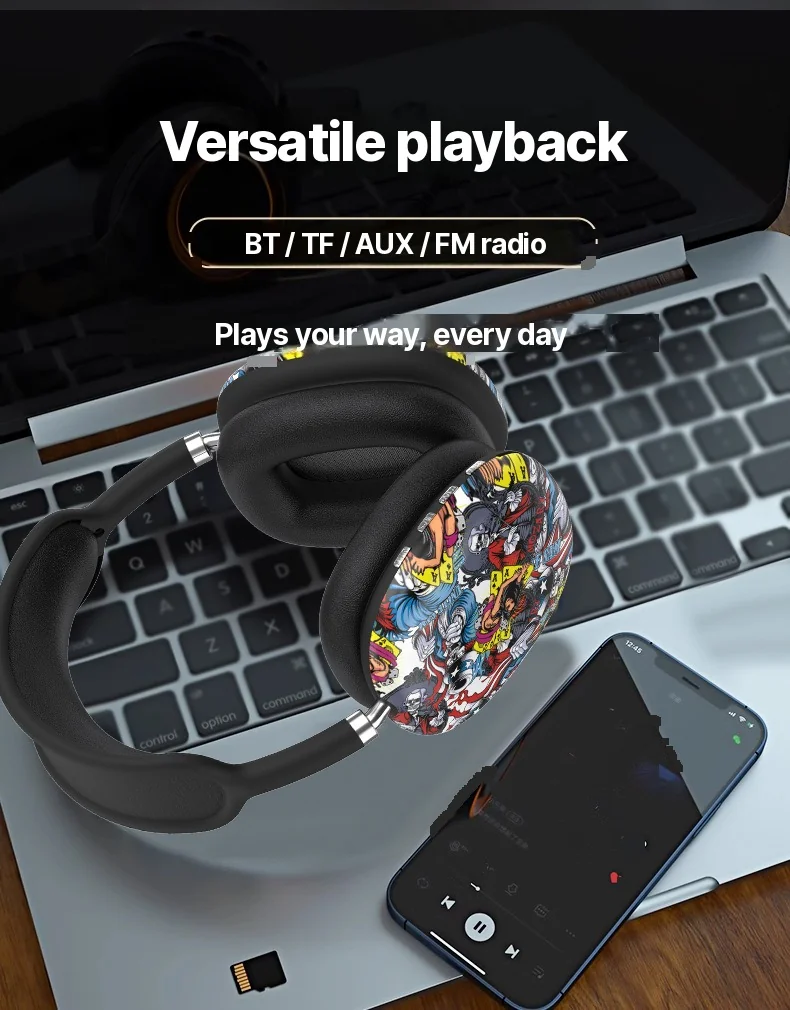Fon Kepala Tanpa Wayar Over-Ear Grafiti dengan Radio FM dan Slot Kad TF