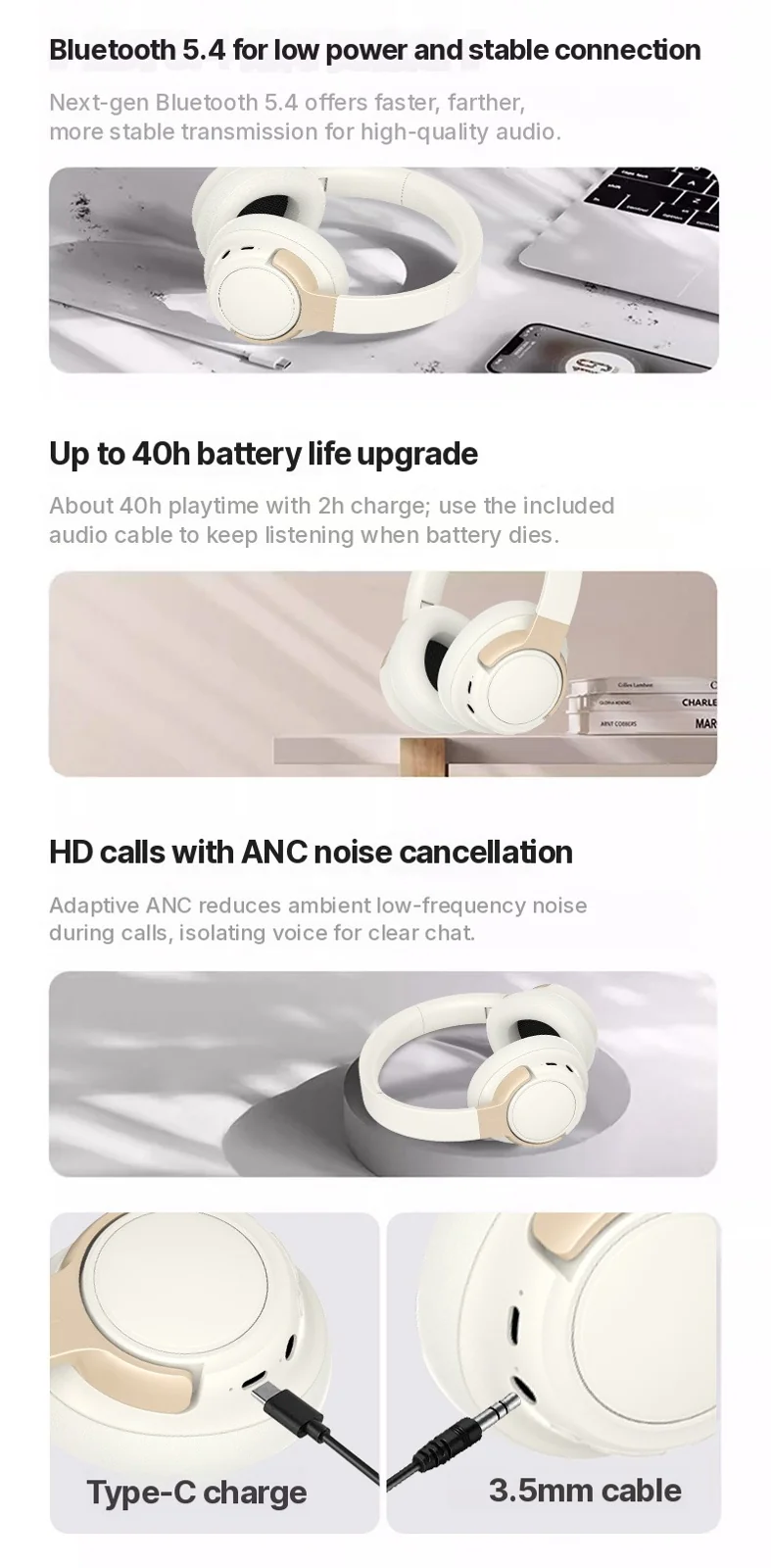 Over-Ear Wireless Headphones with Active Noise Cancelling and 35h Battery