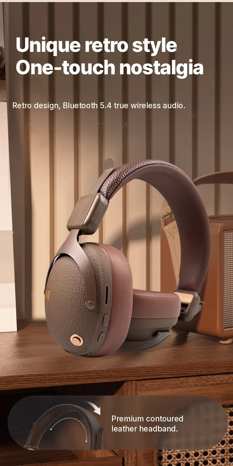 Fon Telinga Over-Ear Tanpa Wayar Retro Dengan Bluetooth 5.4 dan Hayat Bateri Panjang