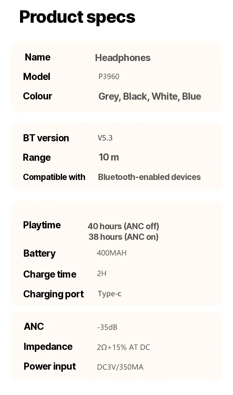 Wireless Over-Ear Headphones with Active Noise Cancelling and Bluetooth 5.4