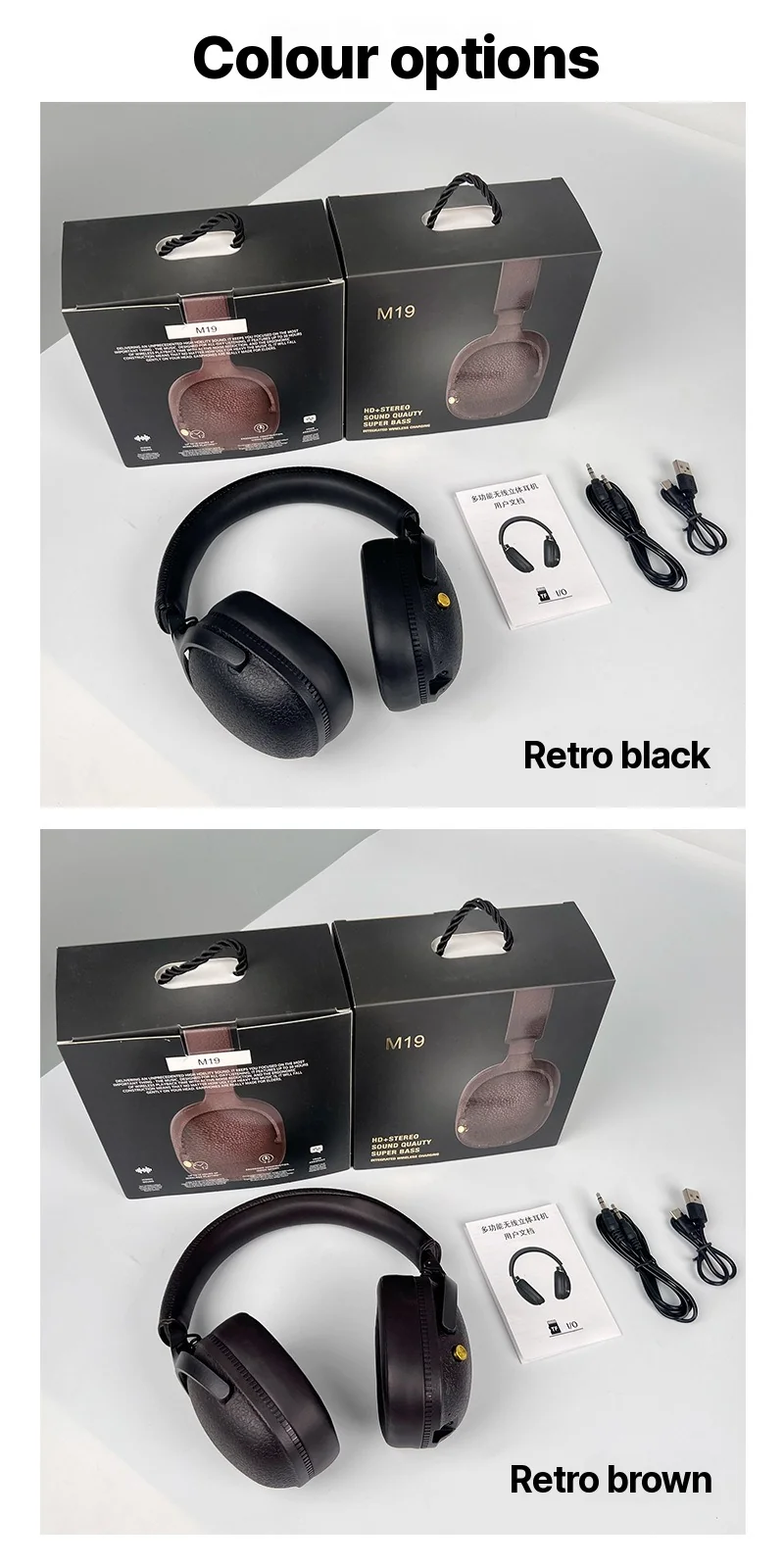 Retro bezdrátová sluchátka přes uši s mikrofonem
