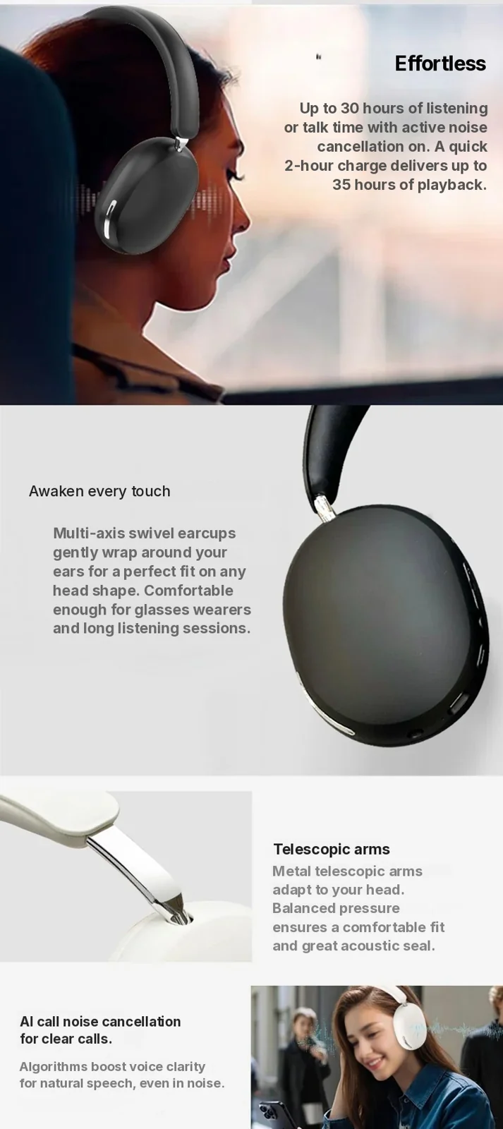 Wireless ANC Over-Ear Headphones with Protein Leather Earcups
