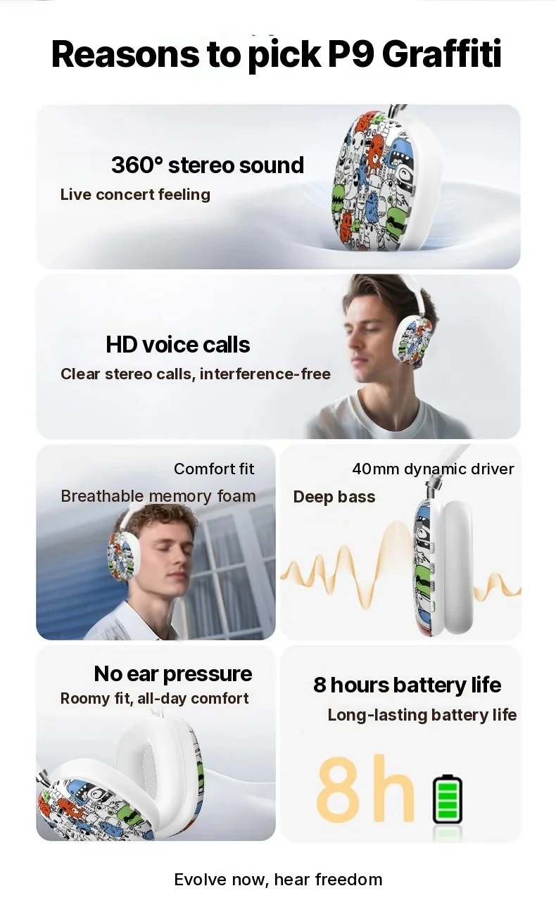 Graffiti Over-Ear Bluetooth Headphones with FM Radio and TF Card Slot