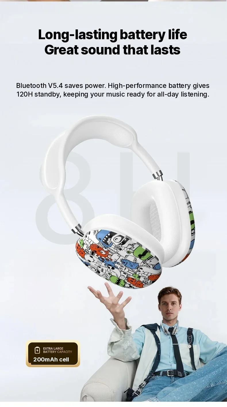 Graffiti Over-Ear Bluetooth Headphones with FM Radio and TF Card Slot