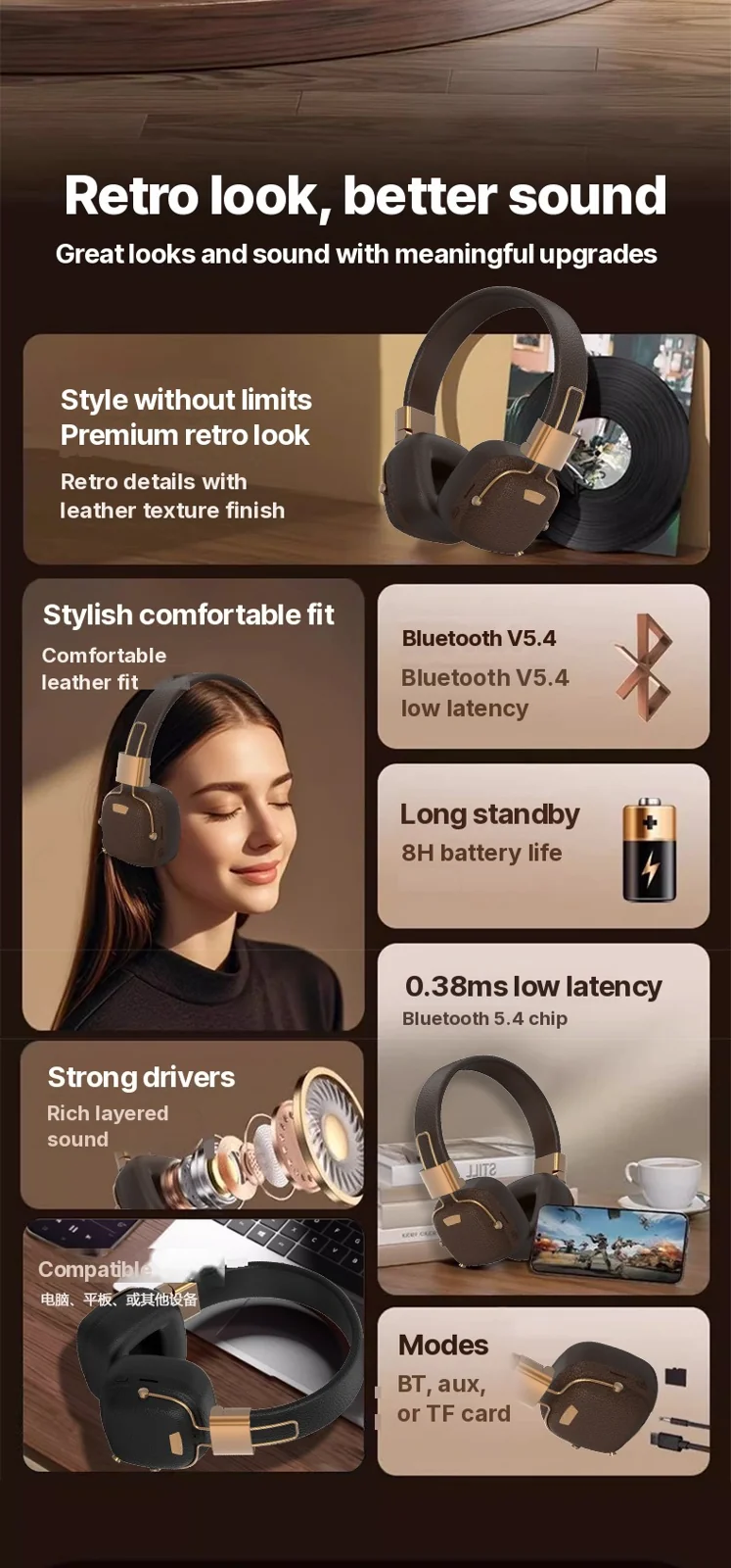 Retro Over-Ear-Bluetooth-Kopfhörer mit EQ-Modi und faltbarem Design