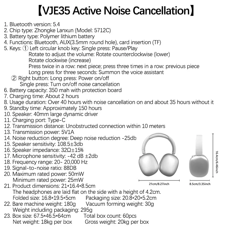 Active Noise Cancelling Wireless Bluetooth Headphones with Mic