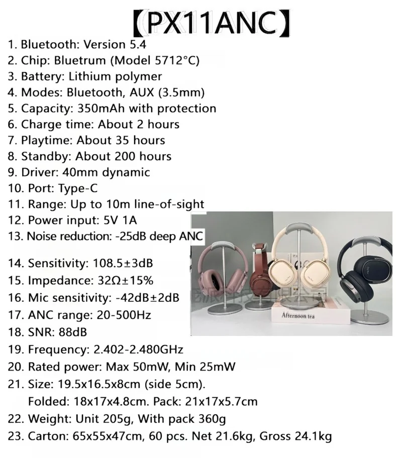 Over-Ear Wireless Headphones with Active Noise Cancelling and 35H Battery