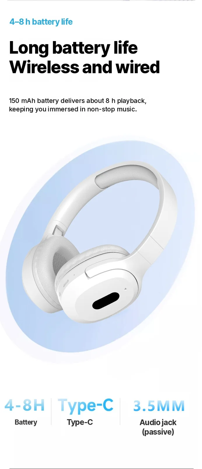 Casque Bluetooth sans fil supra-auriculaire Type-C musique stéréo