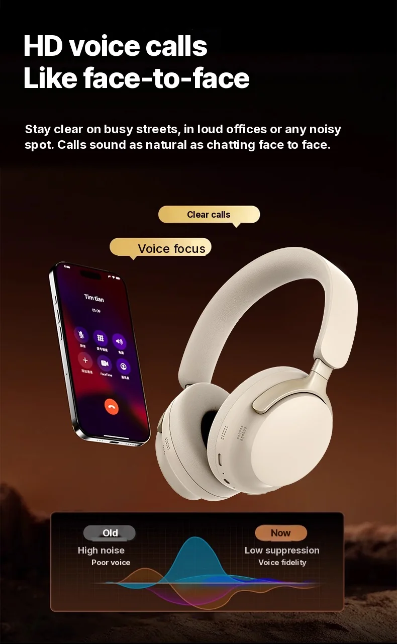 Fon Kepala Over-Ear Bluetooth Tanpa Wayar dengan Pengecasan Type-C dan Bunyi Stereo