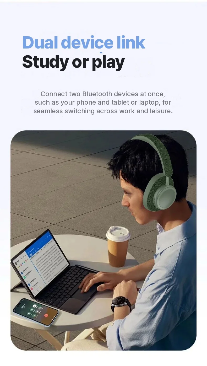 Wireless Bluetooth Over-Ear Headphones with Fabric Finish and Long Battery Life