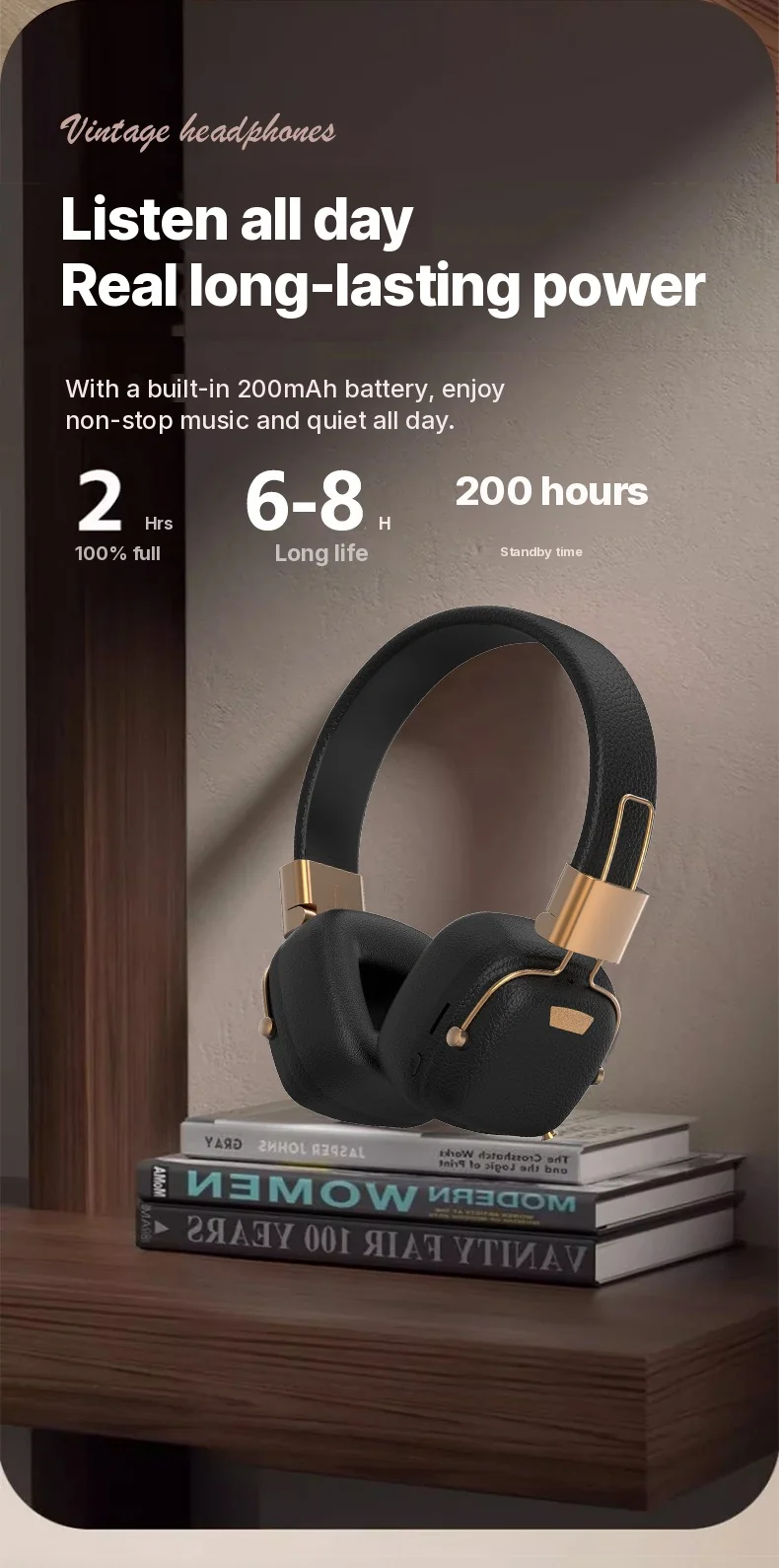 Retro Over-Ear Bluetooth Headphones with EQ Modes and Foldable Design