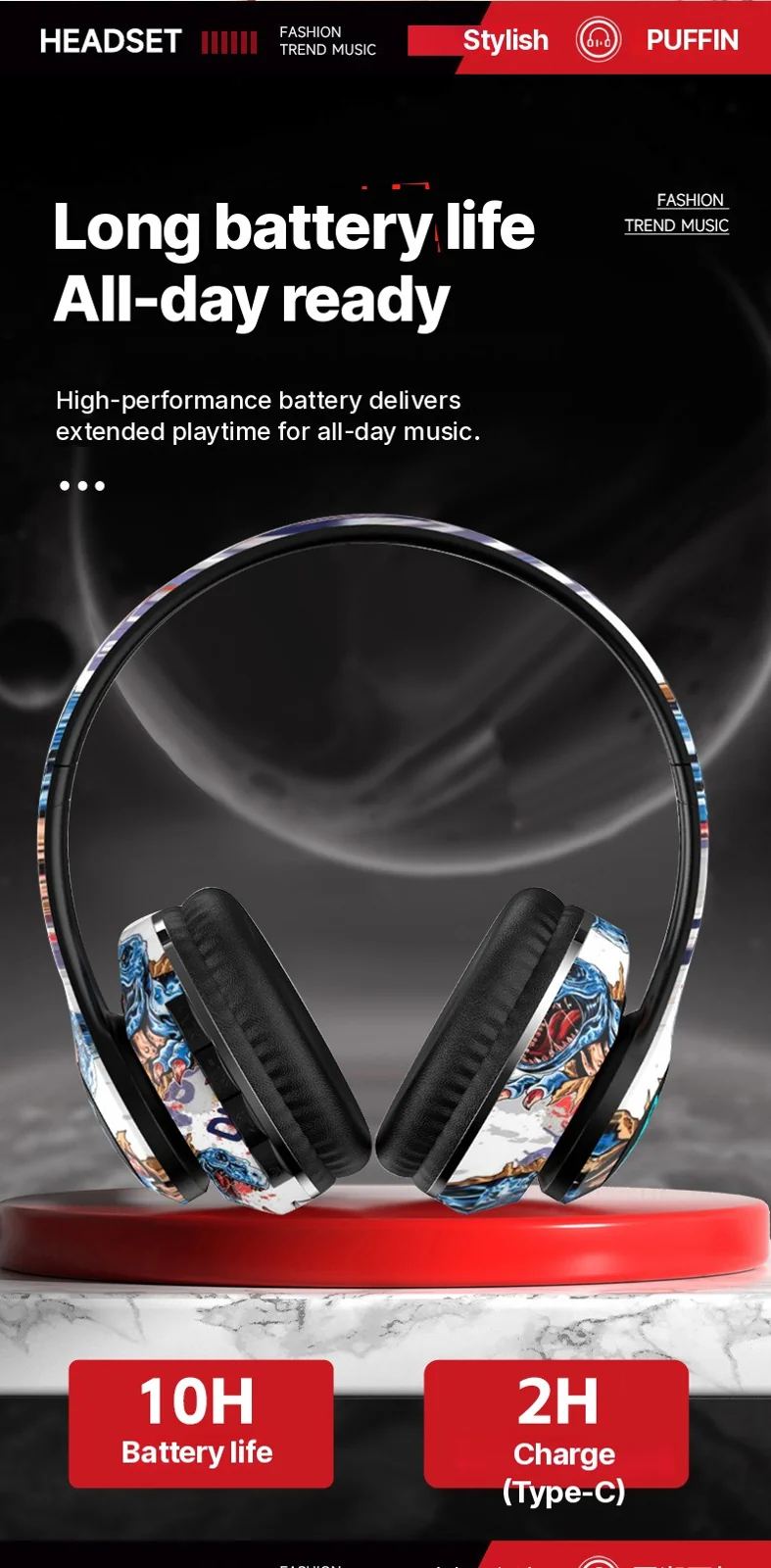 Wireless Bluetooth Over-Ear Headphones with Mic, 40mm Driver, 350mAh Battery