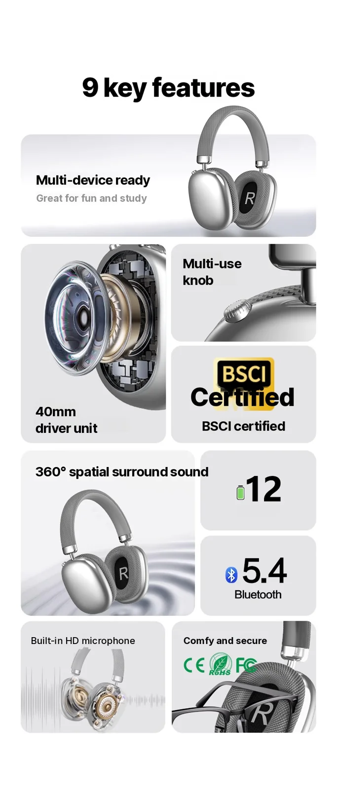 Over-Ear Bluetooth-hovedtelefoner med drejeknap, FM-radio og lang batterilevetid