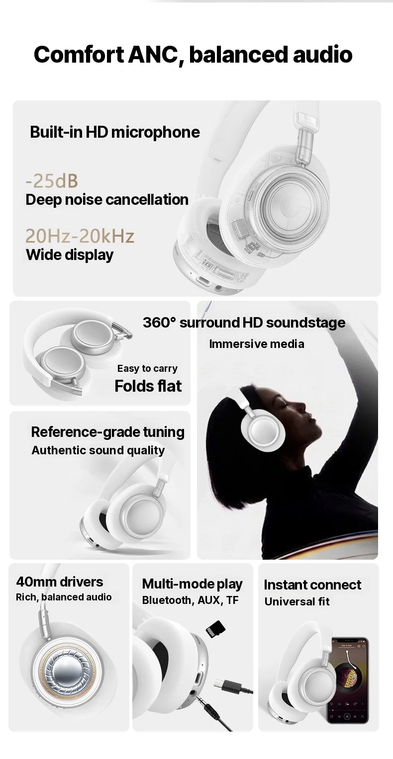 Wireless Over-Ear Headphones with ANC, Foldable Design, 30H Battery