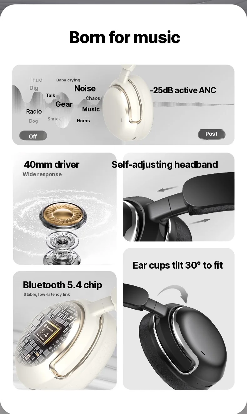 Auriculares inalámbricos supraaurales con cancelación activa de ruido y larga batería