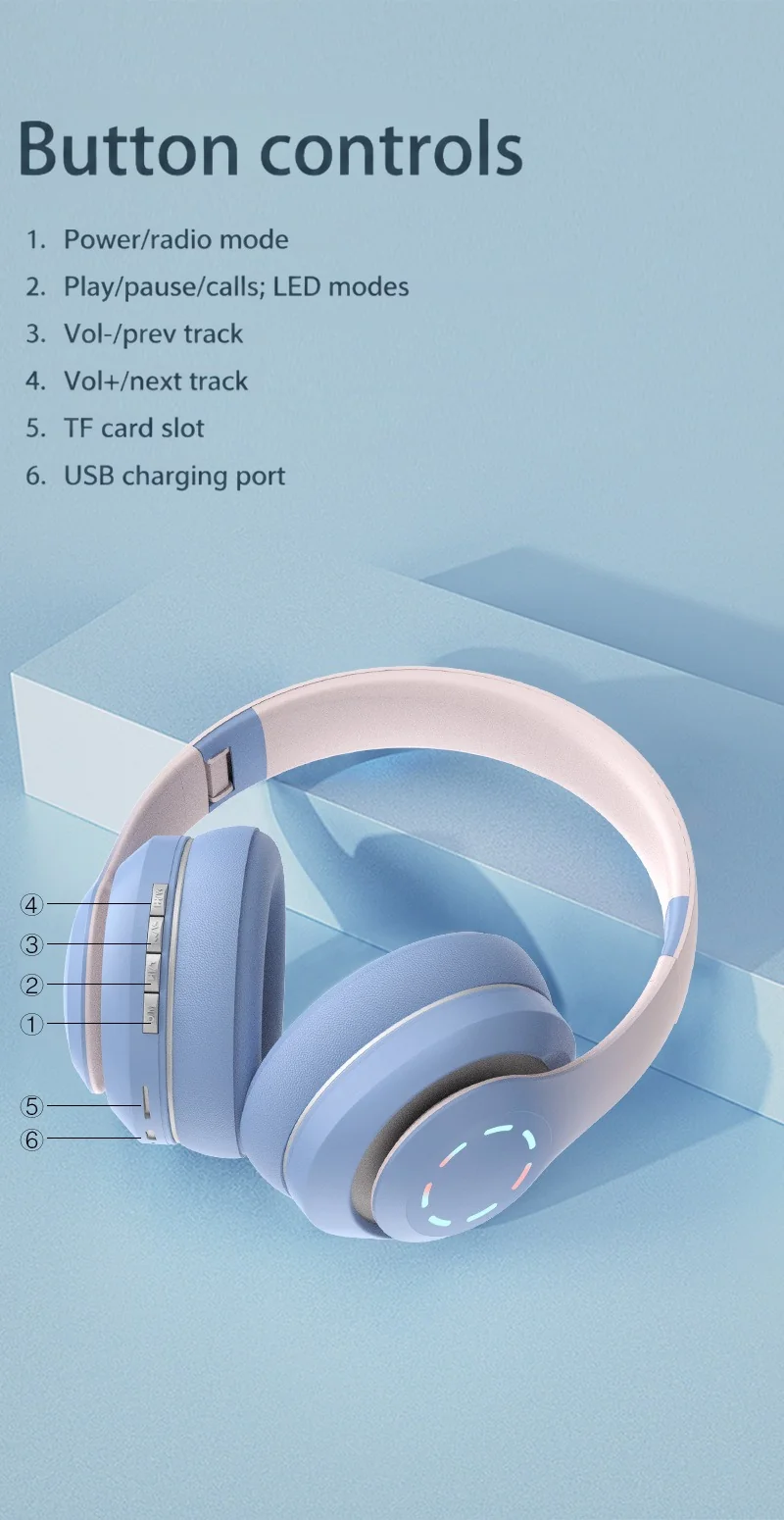 Fon Telinga Tanpa Wayar Over-Ear dengan Lampu LED & Radio FM