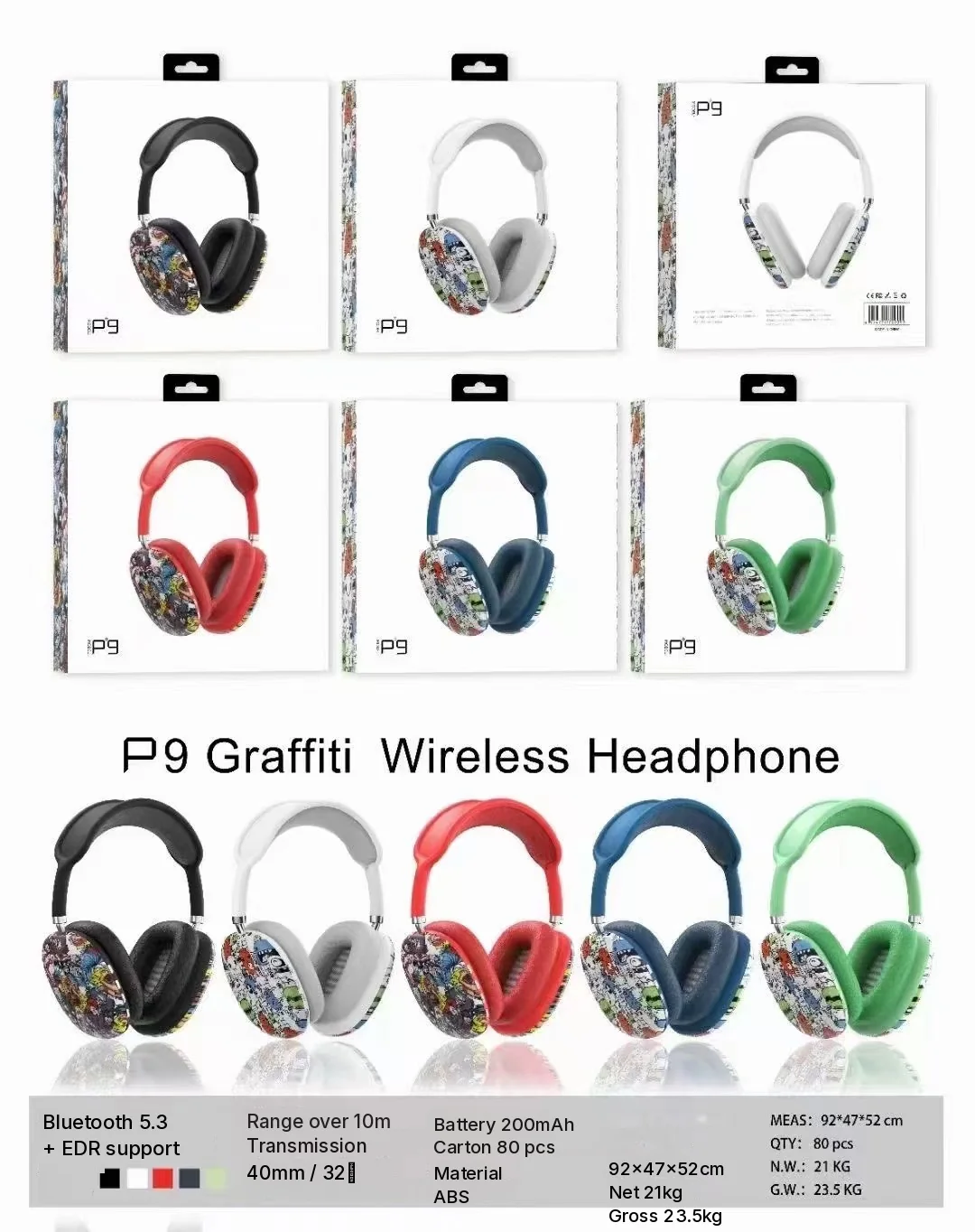 Graffiti Over-Ear Wireless Headphones with TF Card and AUX