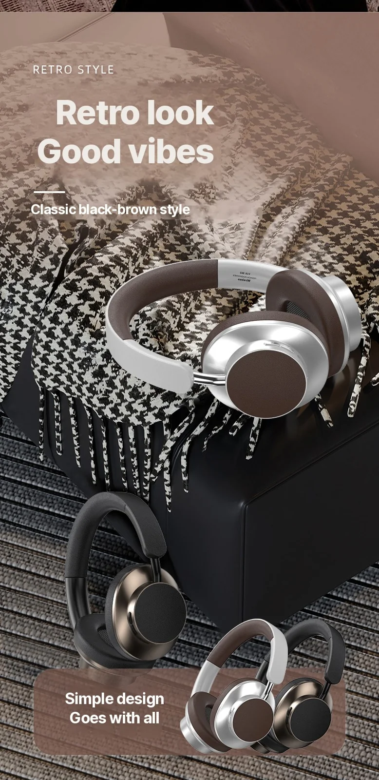 Retro Over-Ear Wireless Bluetooth Headphones with FM Radio and TF Card Slot