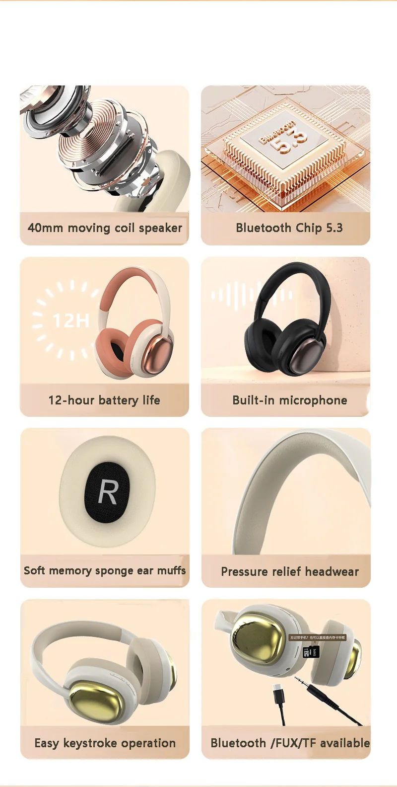 Fone de Ouvido Wireless Over-Ear com Bluetooth 5.3 e Longa Duração da Bateria