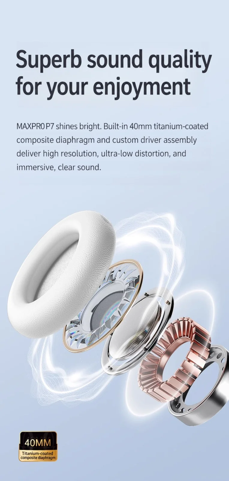 Cuffie Bluetooth Over-Ear Wireless con Microfono, Design Leggero