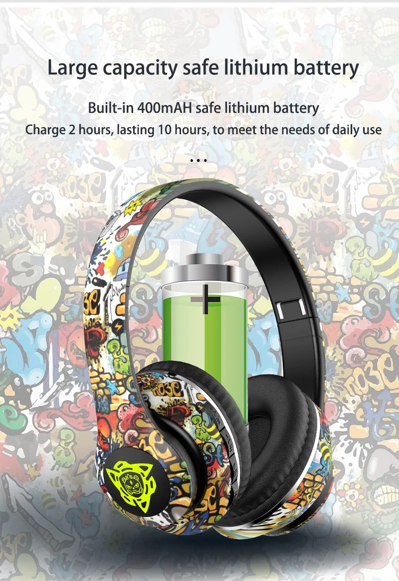 Graffiti Over-Ear Wireless Headphones with FM Radio and TF Card Slot