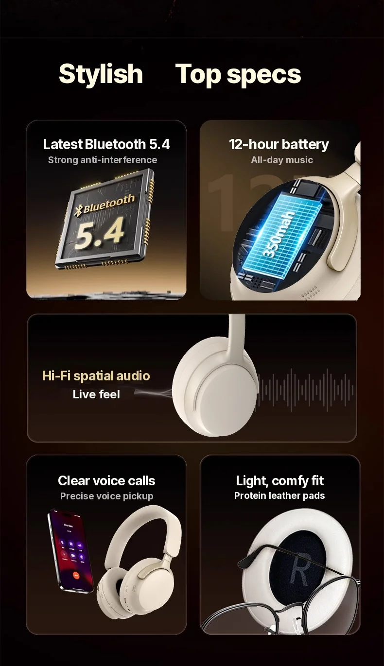 Fon Kepala Over-Ear Bluetooth Tanpa Wayar dengan Pengecasan Type-C dan Bunyi Stereo