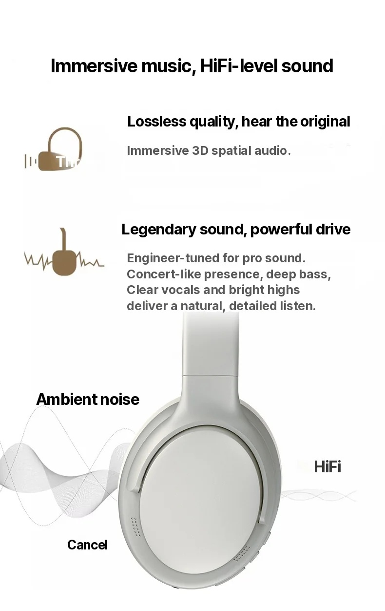 Casque Bluetooth sans fil supra-auriculaire avec micro et modes EQ multiples