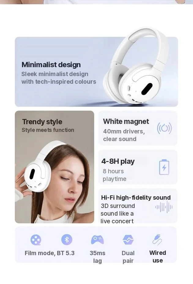 Cuffie Bluetooth Over-Ear Wireless con Microfono, Design Leggero