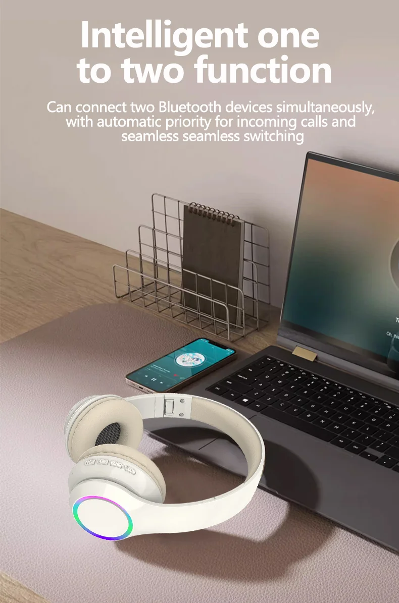 Cuffie Wireless Bluetooth Over-Ear con Luci LED e Microfono