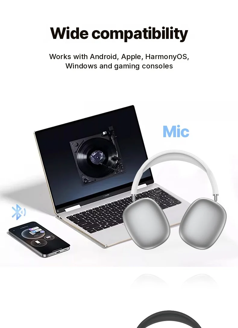 Cuffie Wireless Bluetooth Over-Ear con Bassi Profondi e Ricarica Type-C