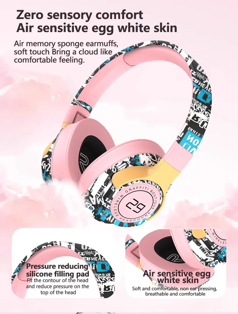 Fones de Ouvido Sem Fio Over-Ear Pintados com Rádio FM e Design Dobrável