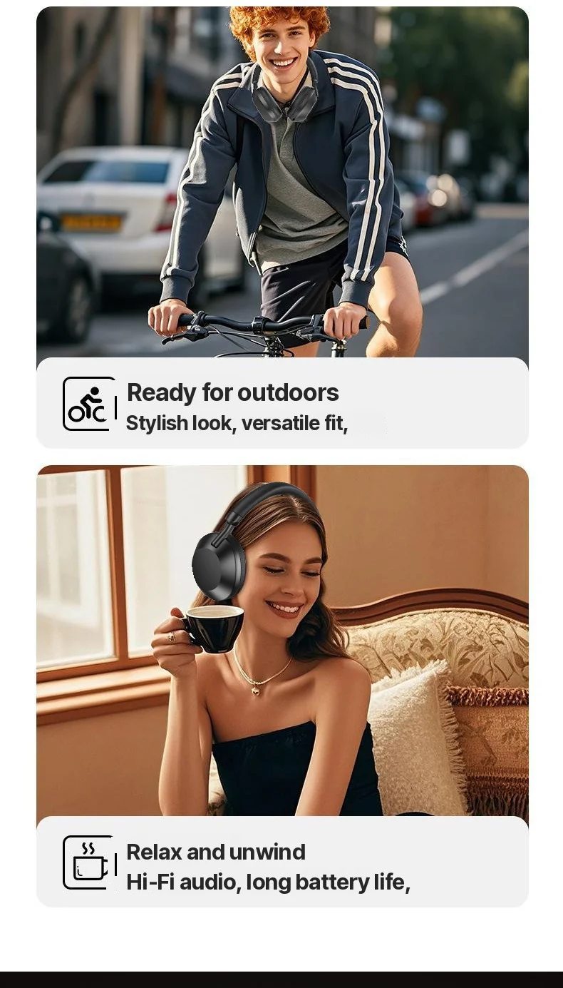 Fon Kepala Over-Ear Tanpa Wayar dengan Radio FM & Bluetooth 5.4