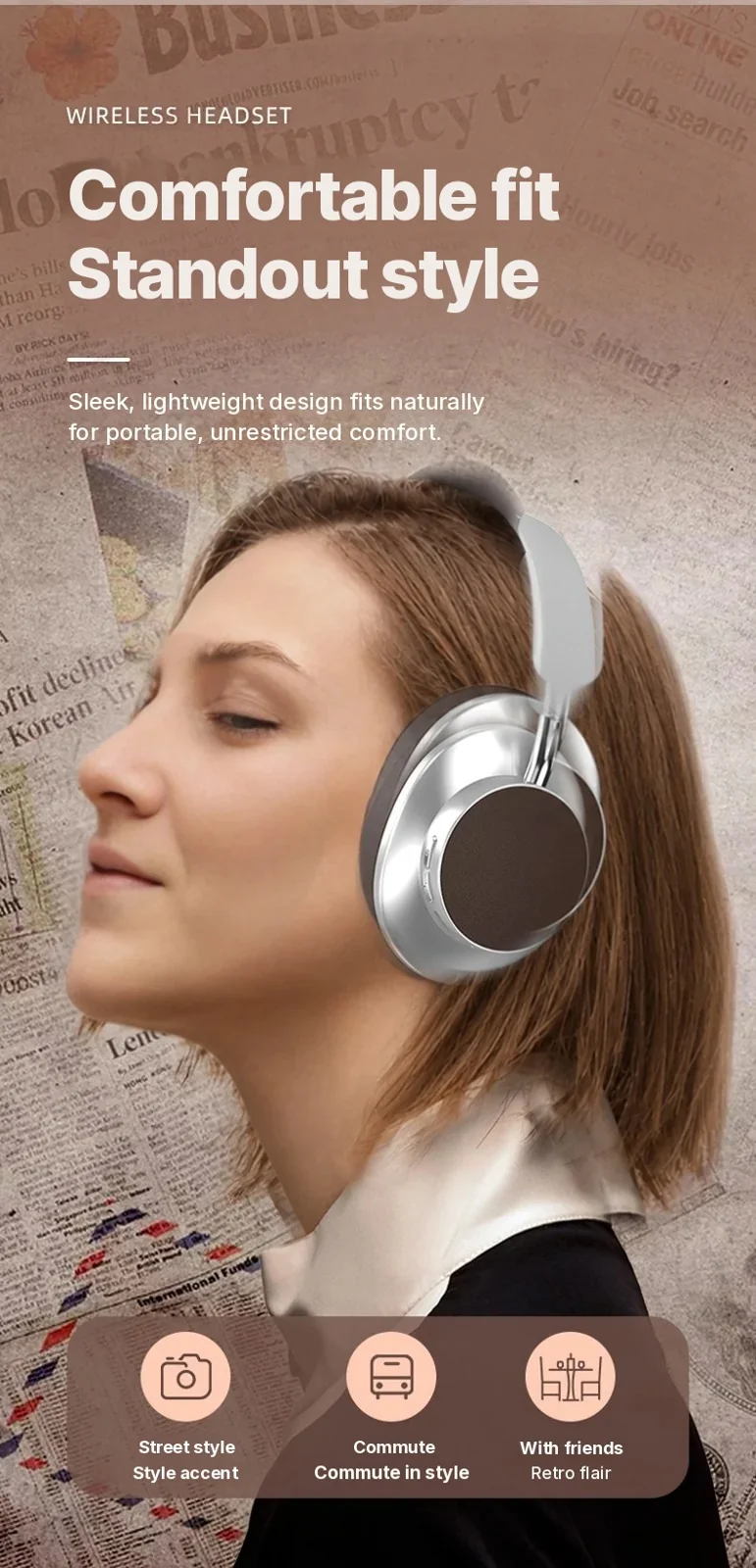 Retro Over-Ear Wireless Bluetooth Headphones with FM Radio and TF Card Slot