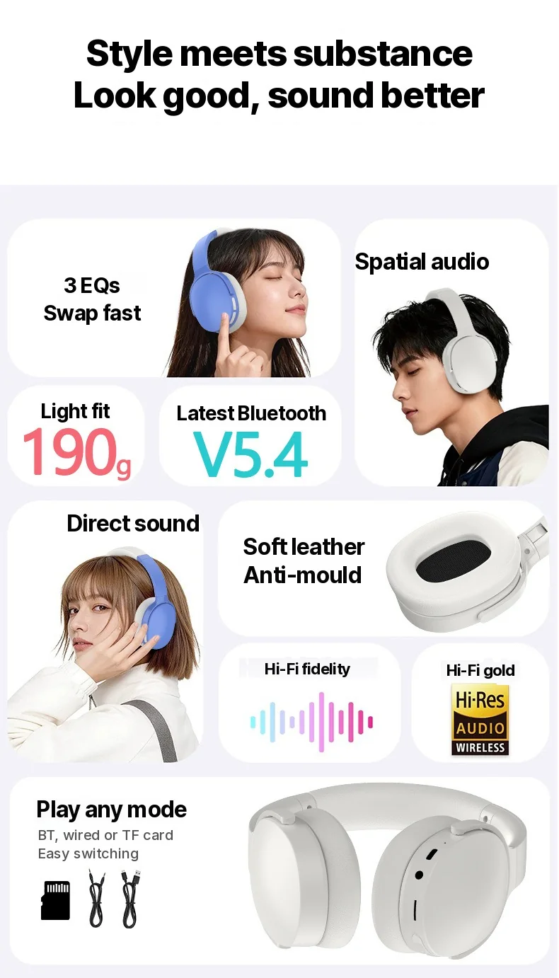 Fon Kepala Bluetooth Over-Ear dengan FM, Kad TF, Mod EQ & Mikrofon