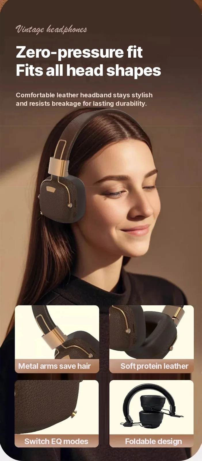 Retro Over-Ear Bluetooth Headphones with EQ Modes and Foldable Design