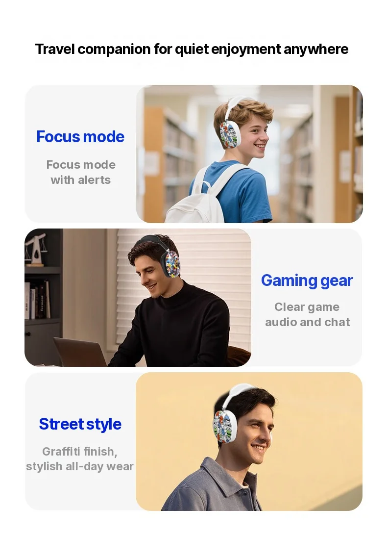 Graffiti Over-Ear Bluetooth Headphones with FM Radio and TF Card Slot