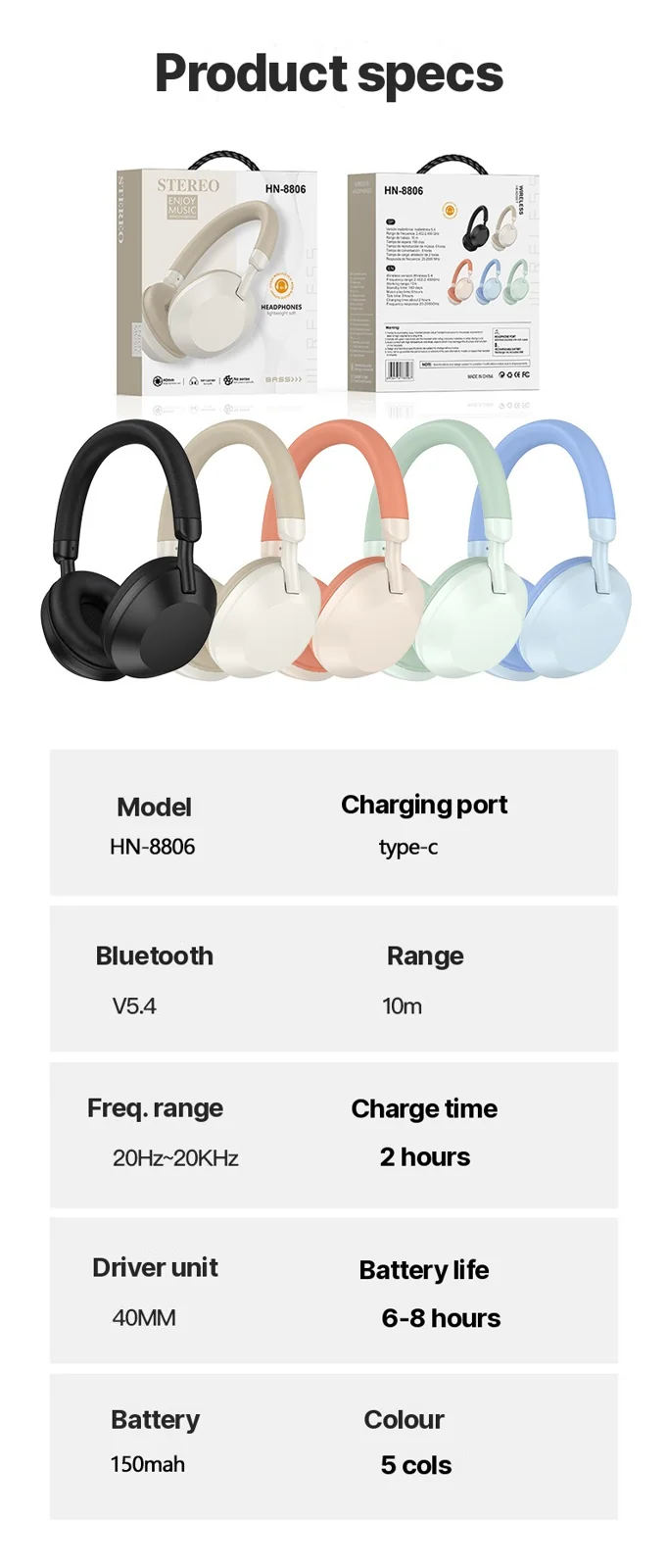 Fon Kepala Over-Ear Tanpa Wayar dengan Radio FM & Bluetooth 5.4