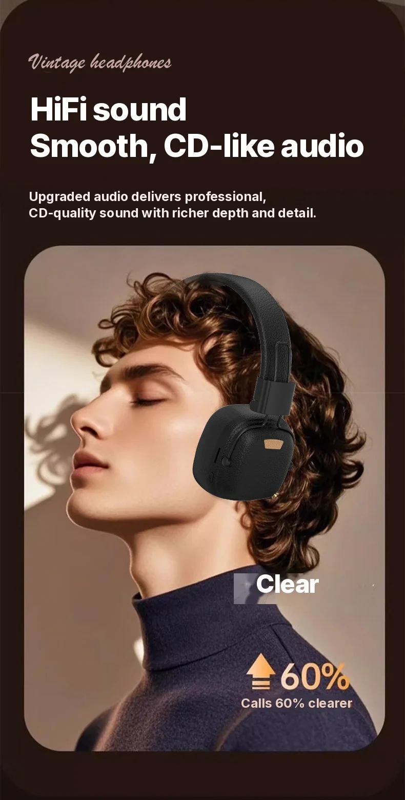 Retro Over-Ear Bluetooth Headphones with EQ Modes and Foldable Design