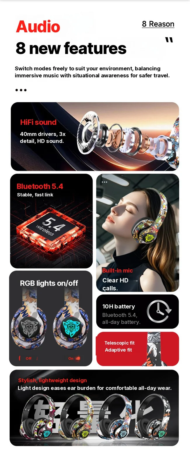Vezeték nélküli Bluetooth fejhallgató mikrofonnal, 40 mm-es hangszóróval, 350 mAh-s akkumulátorral