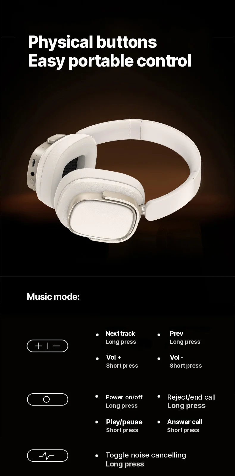Over-Ear Wireless Headphones with Active Noise Cancelling and 35H Battery