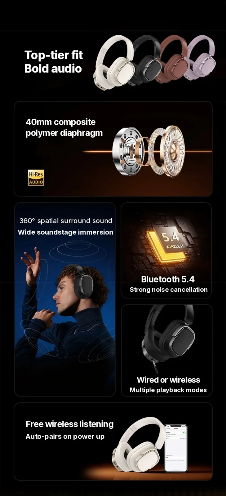 Over-Ear Wireless Headphones with Active Noise Cancelling and 35H Battery